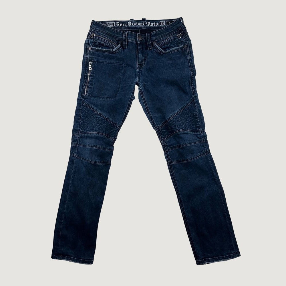 Rock Revival Moto Taniel SJ206 Jeans Mens Biker Quilted Slim 31 Dark Blue Rocker